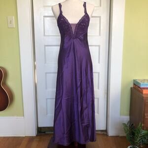 VTG Victoria Secret Long Nightgown Slip Dress Purple Satin S Lingerie Gold Label